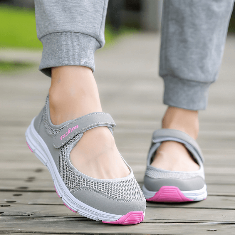 Women's breathable vulcanized flat shoes, grey mesh sneakers SF1367, featuring hook and loop closure, perfect for fashion and comfort.